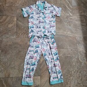 Women's Munki Pajama Set Sleepwear Top & Pants Travel Print L